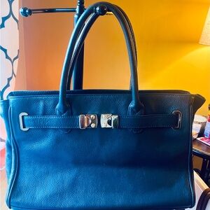 Classic Structured Leather Tote Bag in Dark Teal
